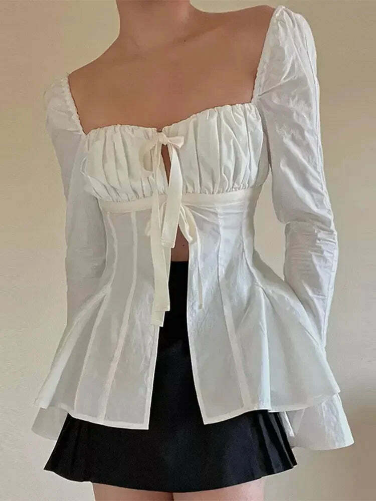 Y2K White Slim Fit Pleated Lace-Up Corset Top - Square Neck, Flare Sleeves, Grunge Party Chic Y2K White Slim Fit Pleated Lace-Up Corset Top - Square Neck, Flare Sleeves, Grunge Party Chic