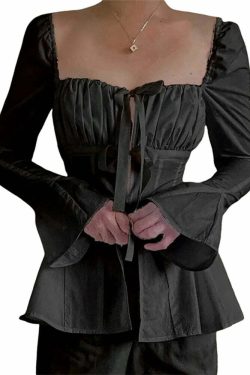 Y2K White Slim Fit Pleated Lace-Up Corset Top - Square Neck, Flare Sleeves, Grunge Party Chic