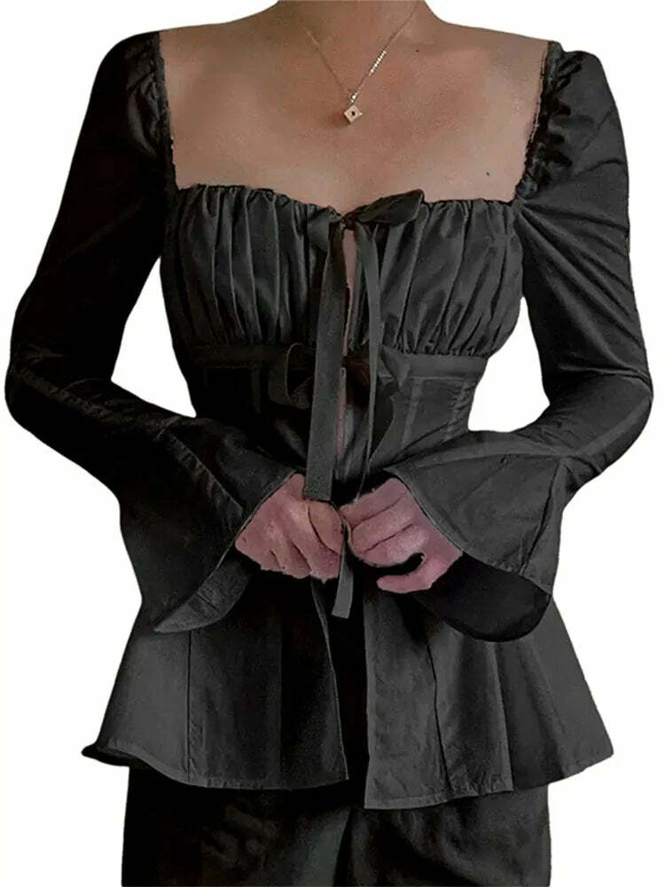 Y2K White Slim Fit Pleated Lace-Up Corset Top - Square Neck, Flare Sleeves, Grunge Party Chic Y2K White Slim Fit Pleated Lace-Up Corset Top - Square Neck, Flare Sleeves, Grunge Party Chic