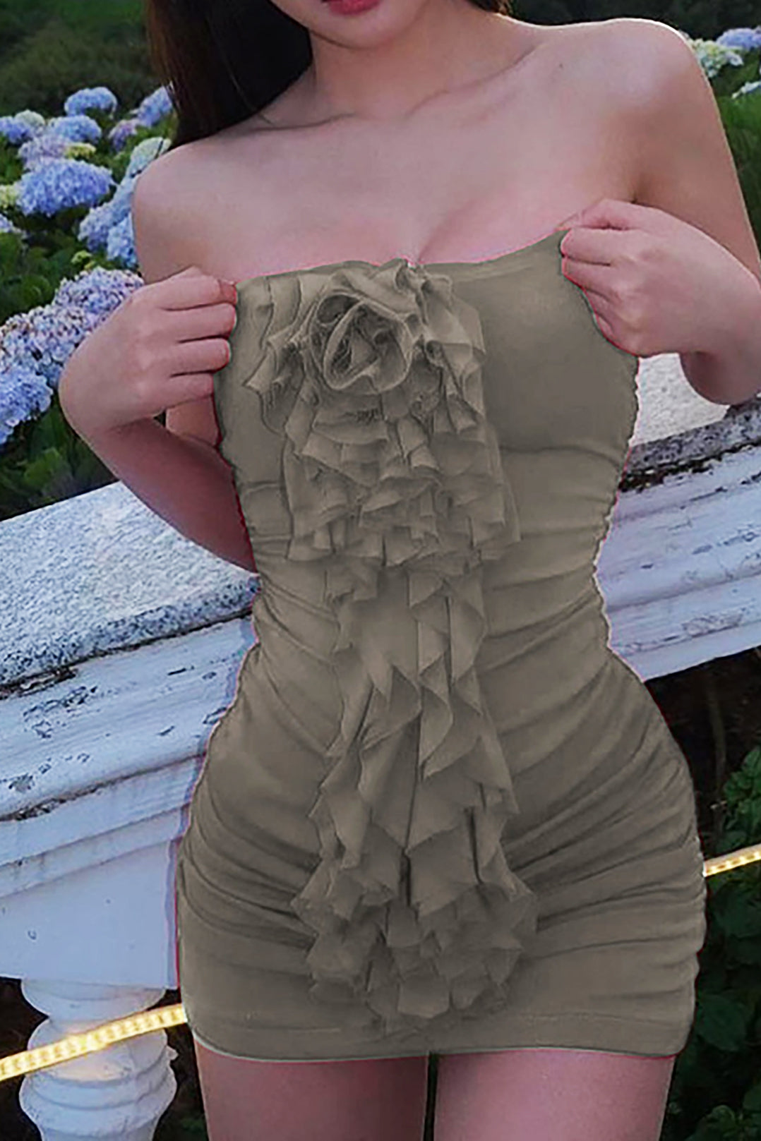 3D Flower Ruffle Ruched Bodycon Strapless Mini Dress - Y2K Aesthetic Cute Party Outfit 3D Flower Ruffle Ruched Bodycon Strapless Mini Dress - Y2K Aesthetic Cute Party Outfit