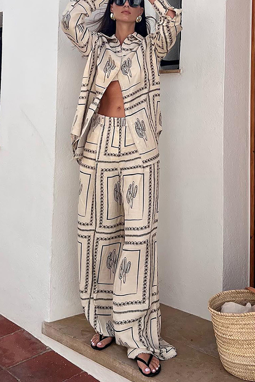 Abstract Print Blouse with High Waist Wide Leg Pants for Y2K Aesthetic Outfits Abstract Print Blouse with High Waist Wide Leg Pants for Y2K Aesthetic Outfits