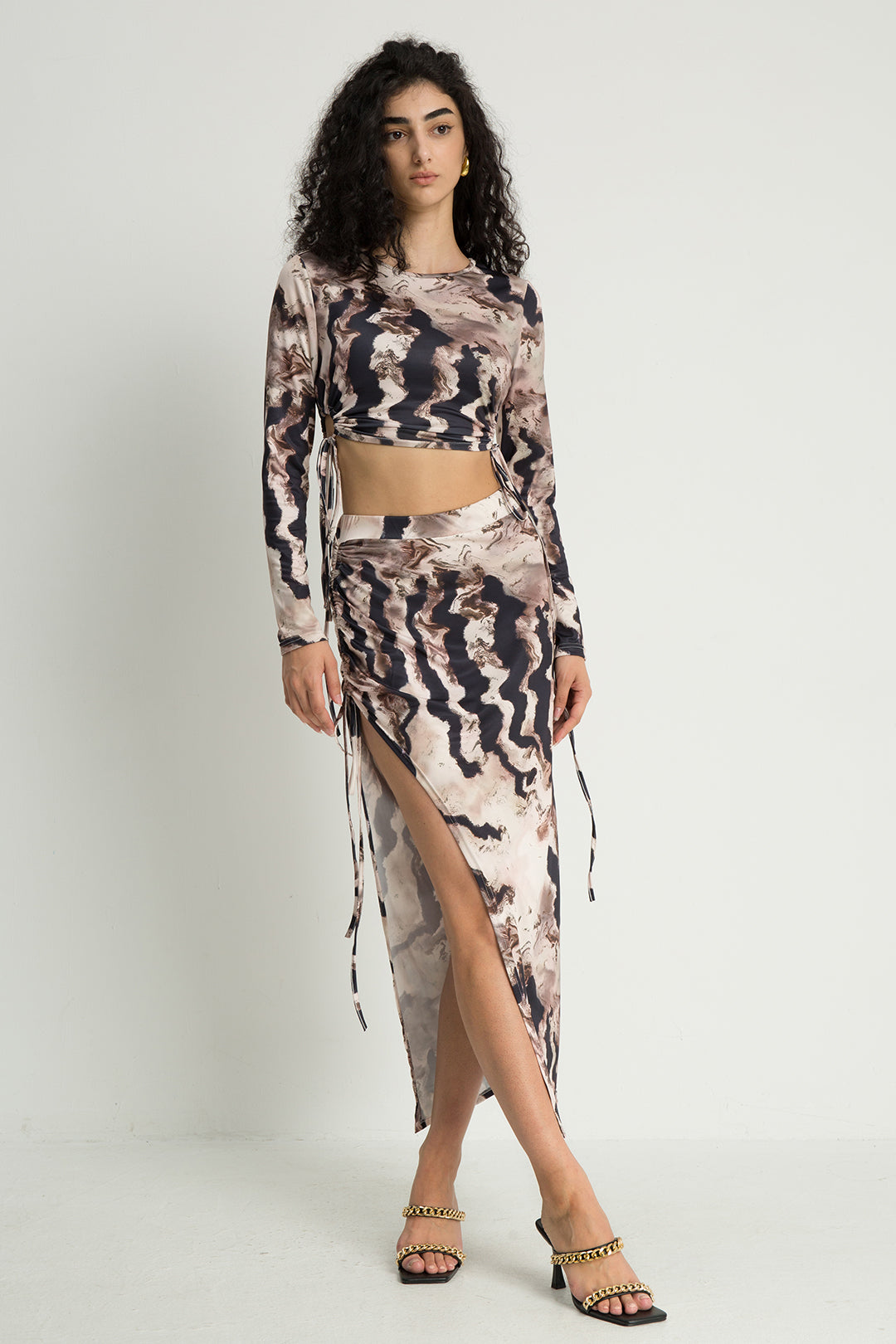 Abstract Print Drawstring Long Sleeve Top & Split Skirt Set for Y2K Aesthetic Outfits Abstract Print Drawstring Long Sleeve Top & Split Skirt Set for Y2K Aesthetic Outfits