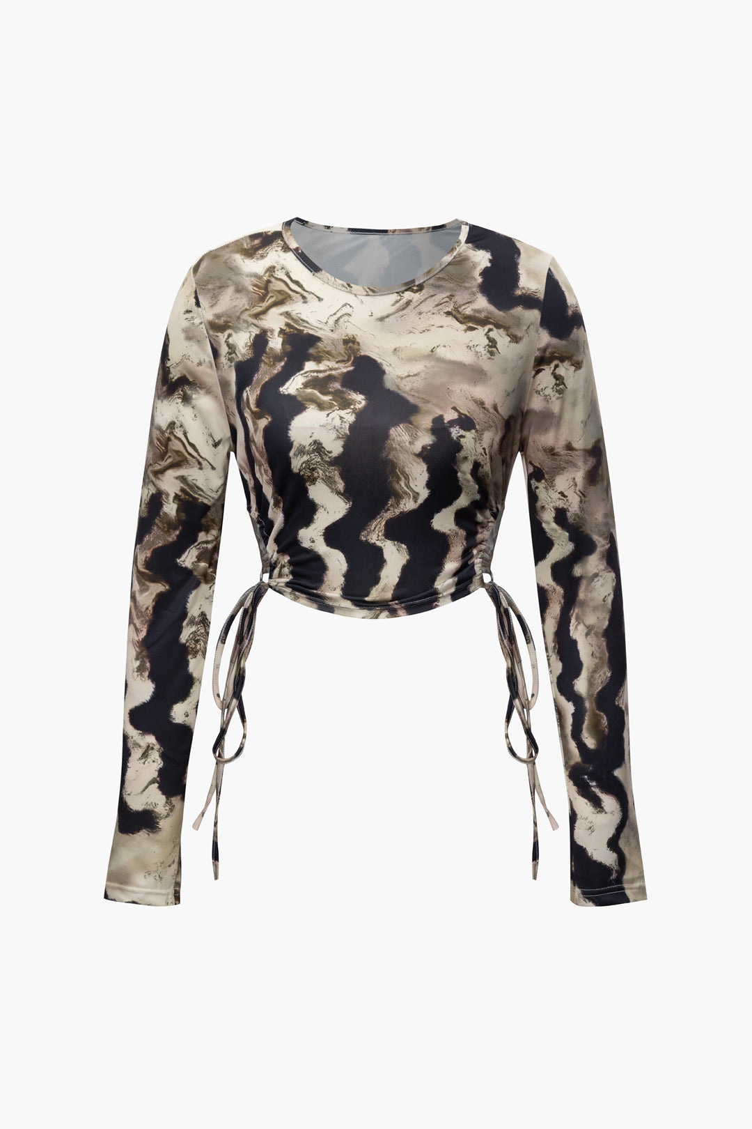 Abstract Print Drawstring Long Sleeve Top & Split Skirt Set for Y2K Aesthetic Outfits Abstract Print Drawstring Long Sleeve Top & Split Skirt Set for Y2K Aesthetic Outfits