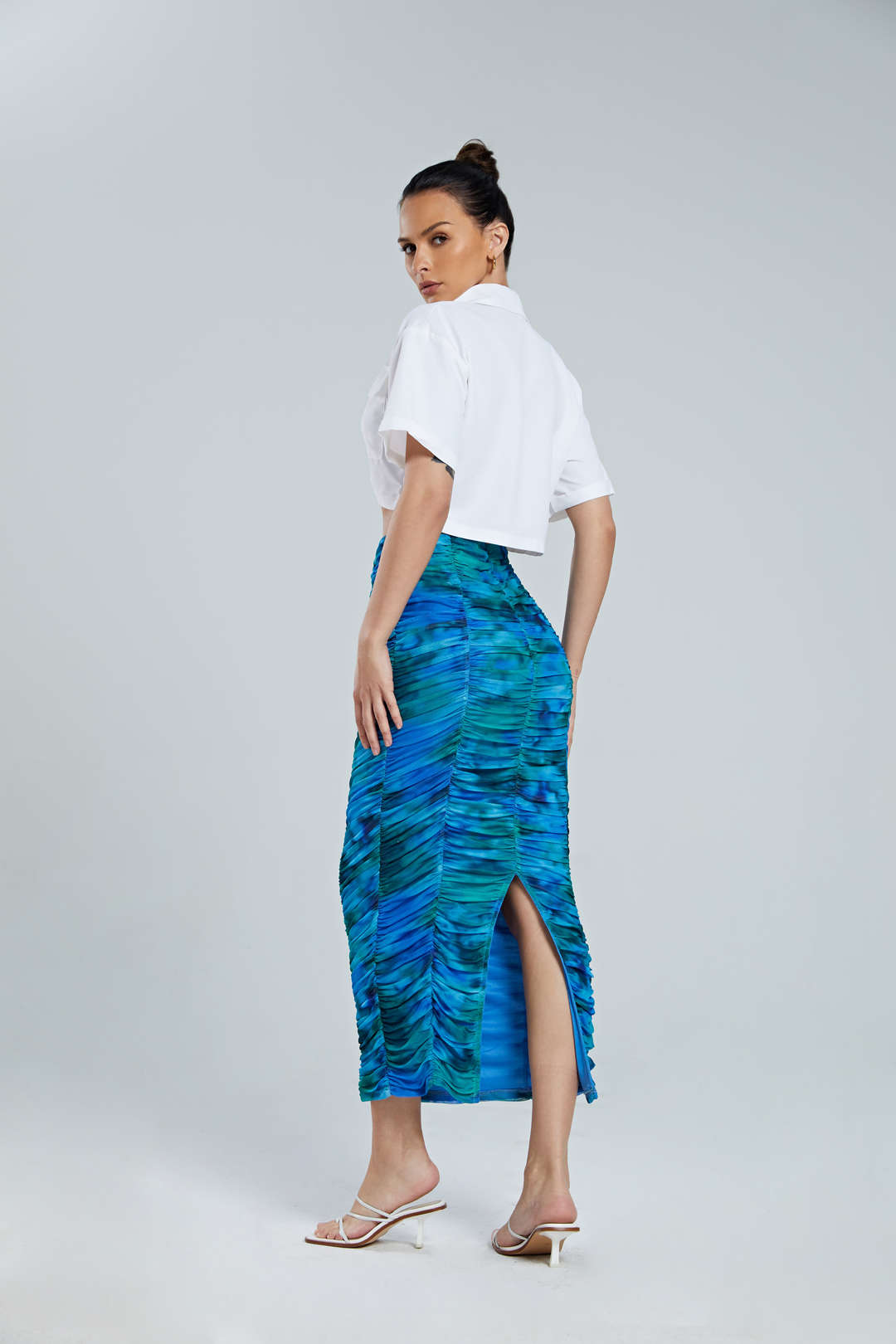 Abstract Print Gathered Slit Midi Skirt - Y2K Aesthetic Fashion for Trendy Outfits Abstract Print Gathered Slit Midi Skirt - Y2K Aesthetic Fashion for Trendy Outfits
