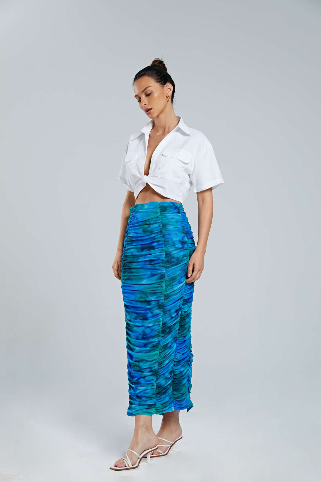 Abstract Print Gathered Slit Midi Skirt - Y2K Aesthetic Fashion for Trendy Outfits Abstract Print Gathered Slit Midi Skirt - Y2K Aesthetic Fashion for Trendy Outfits