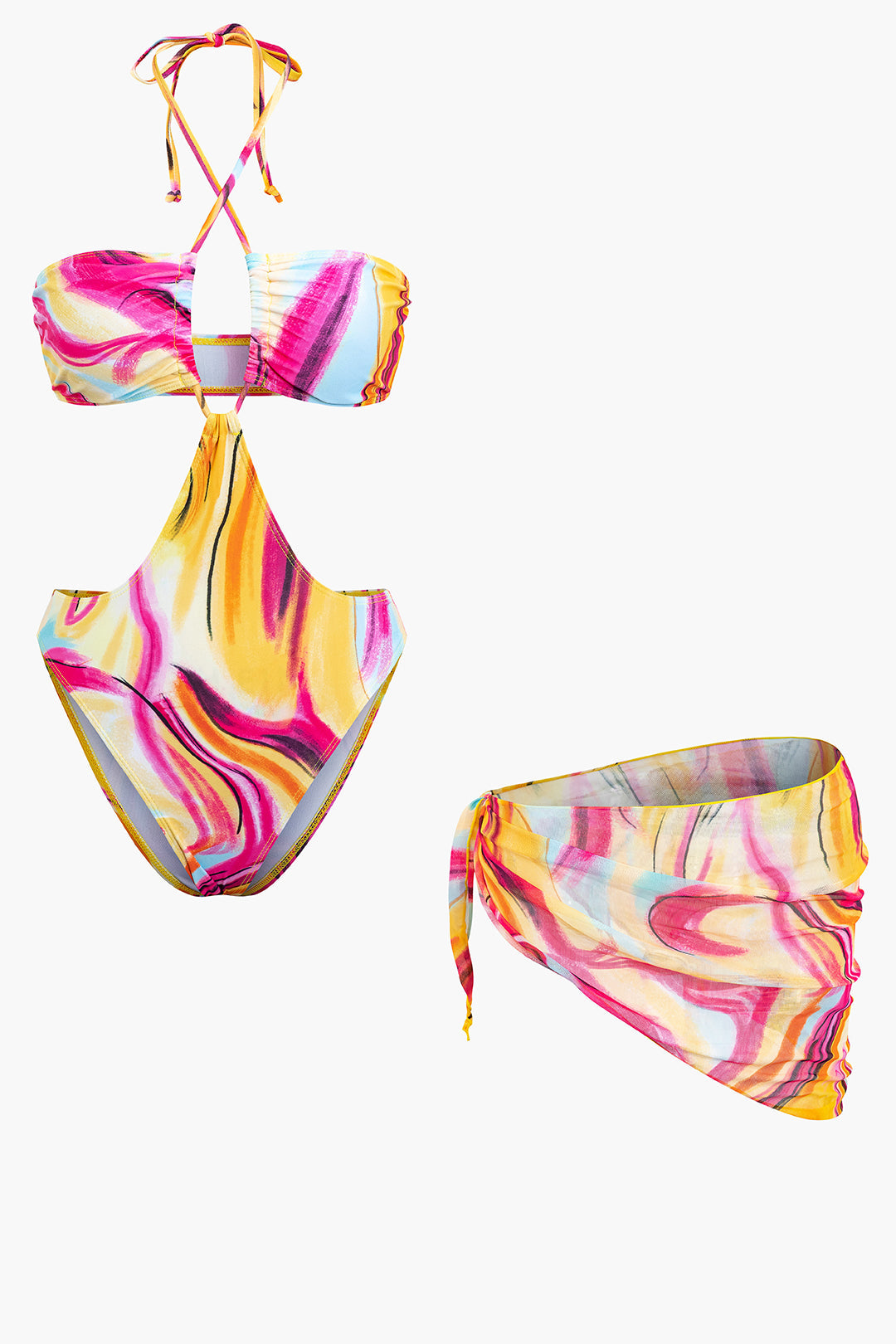 Abstract Print Halter One-Piece Swimsuit with Knot Mini Sarong Skirt Set for Y2K Aesthetic Abstract Print Halter One-Piece Swimsuit with Knot Mini Sarong Skirt Set for Y2K Aesthetic