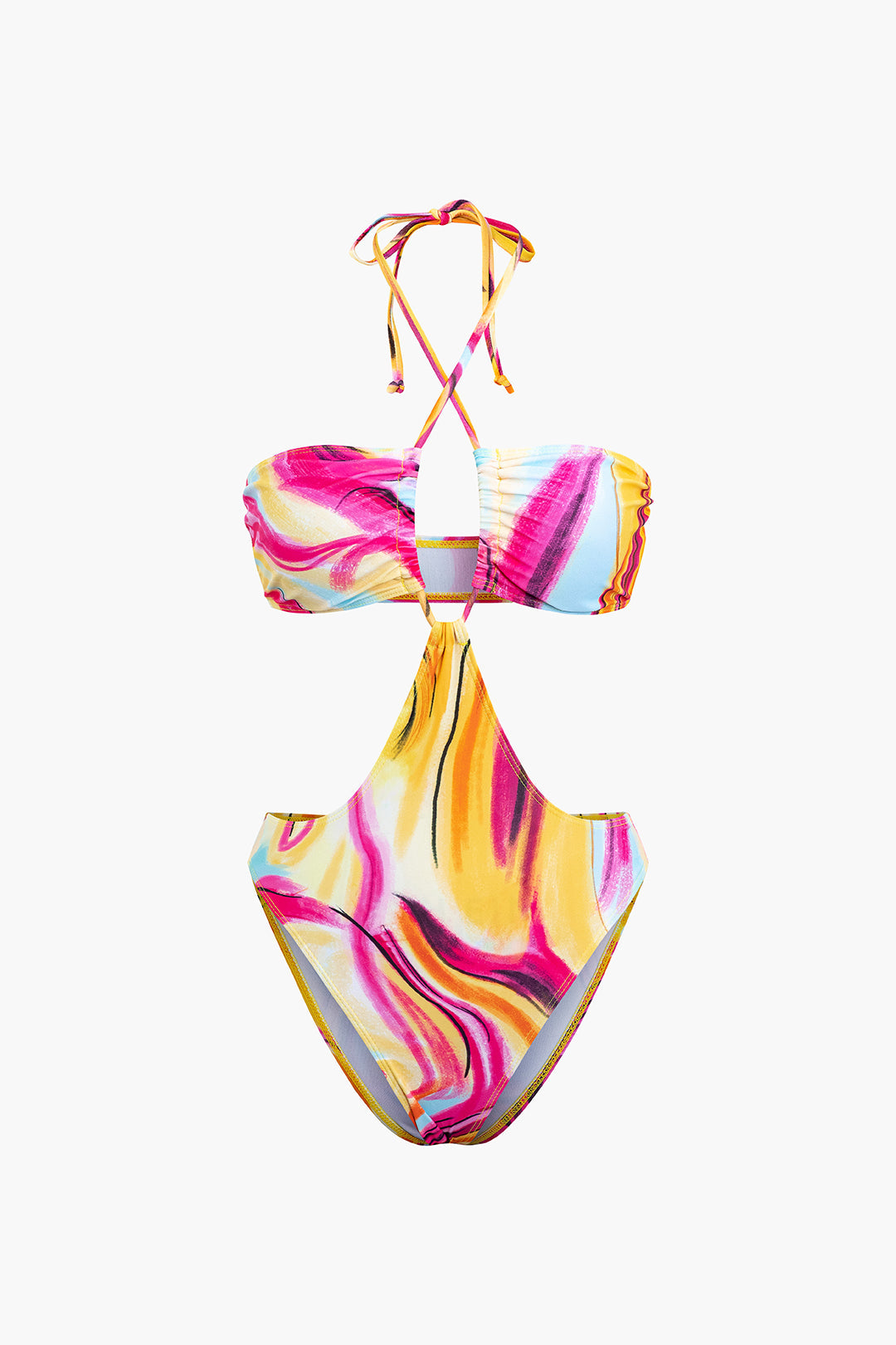 Abstract Print Halter One-Piece Swimsuit with Knot Mini Sarong Skirt Set for Y2K Aesthetic Abstract Print Halter One-Piece Swimsuit with Knot Mini Sarong Skirt Set for Y2K Aesthetic