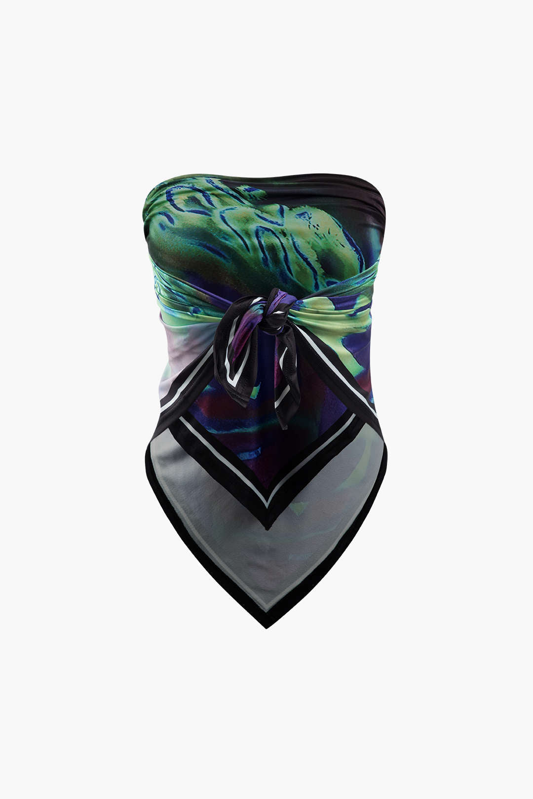 Abstract Print Knot Strapless Top & Cut-Out Midi Skirt Set for Y2K Aesthetic Outfits Abstract Print Knot Strapless Top & Cut-Out Midi Skirt Set for Y2K Aesthetic Outfits