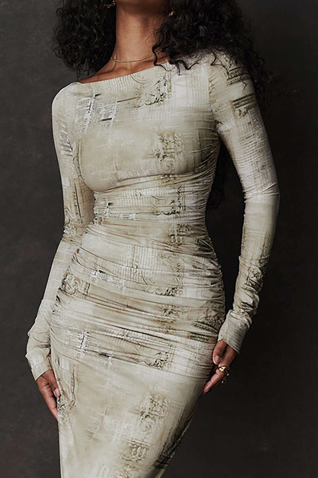 Abstract Print Ruched Long Sleeve Maxi Dress - Y2K Aesthetic Fashion for Effortless Style Abstract Print Ruched Long Sleeve Maxi Dress - Y2K Aesthetic Fashion for Effortless Style