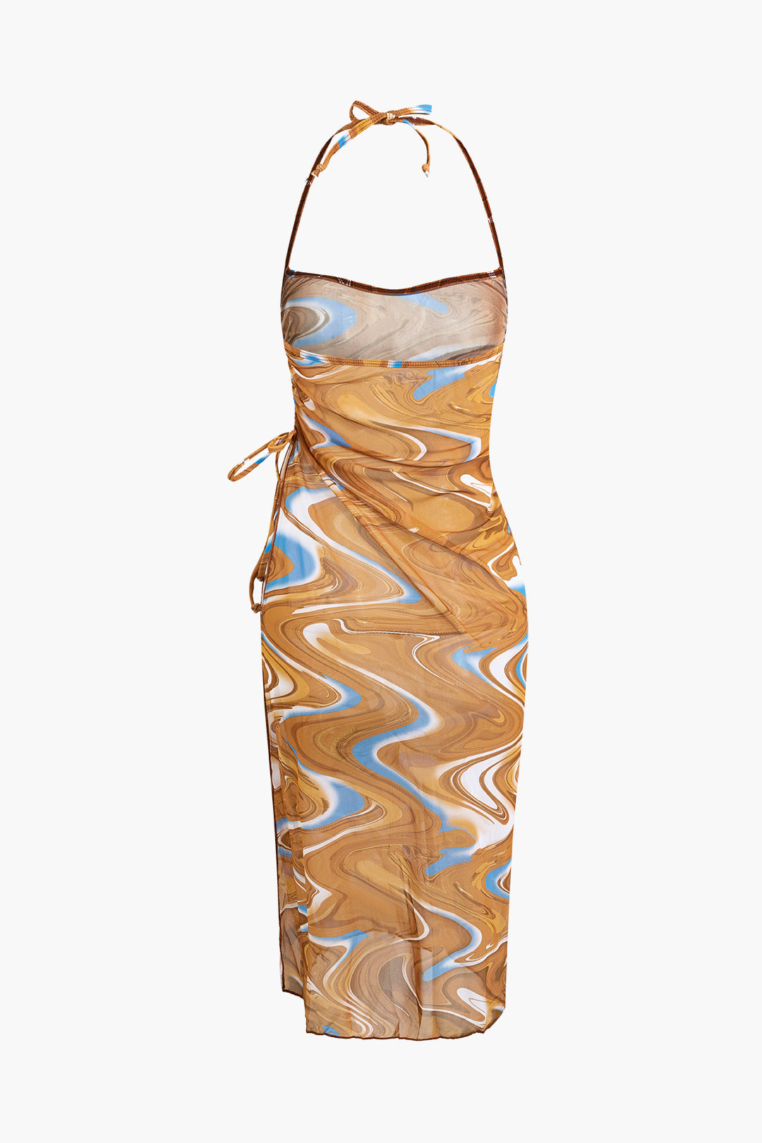 Abstract Print Tie Halter Bikini and Slit Midi Dress Swimsuit Set for Y2K Aesthetic Vibes Abstract Print Tie Halter Bikini and Slit Midi Dress Swimsuit Set for Y2K Aesthetic Vibes