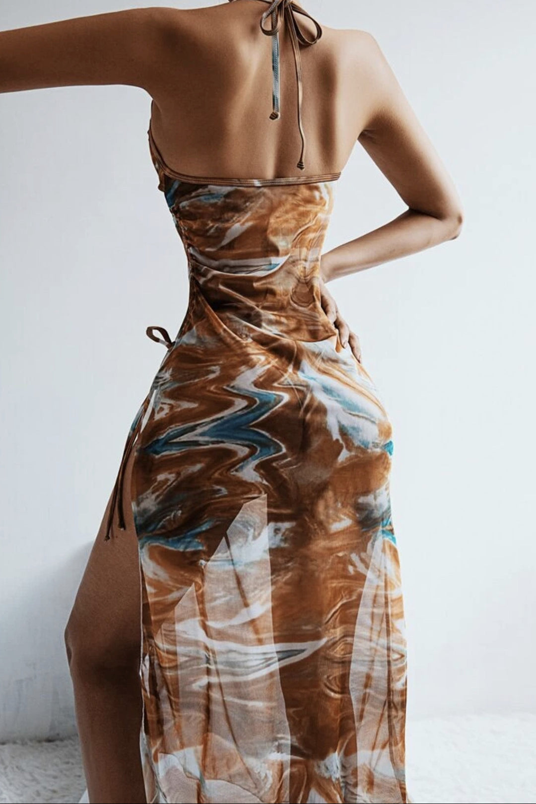 Abstract Print Tie Halter Bikini and Slit Midi Dress Swimsuit Set for Y2K Aesthetic Vibes Abstract Print Tie Halter Bikini and Slit Midi Dress Swimsuit Set for Y2K Aesthetic Vibes