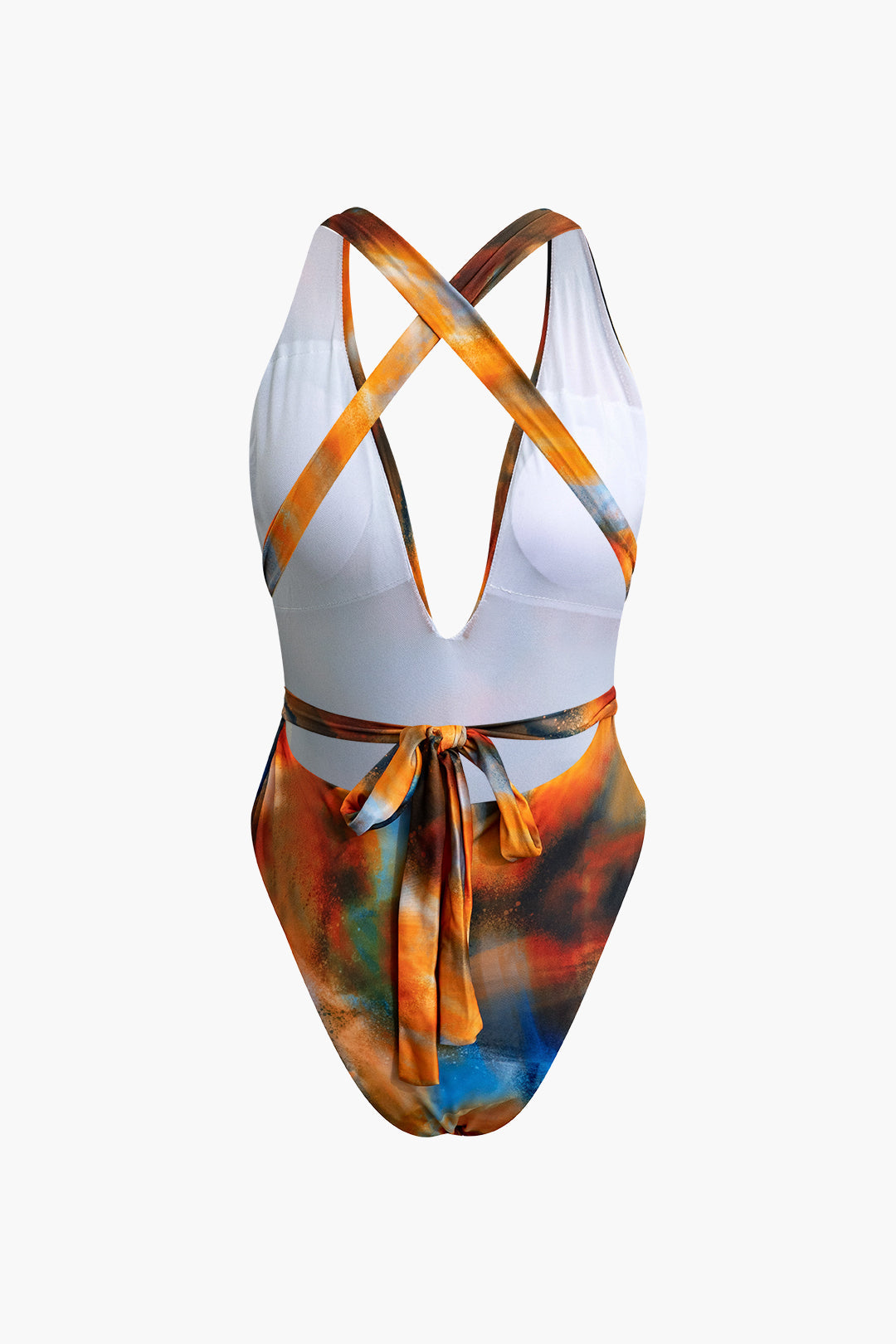 Abstract Print V-neck Cross Back Tie Swimsuit with Mesh Mini Sarong Skirt Set for Y2K Aesthetic Abstract Print V-neck Cross Back Tie Swimsuit with Mesh Mini Sarong Skirt Set for Y2K Aesthetic