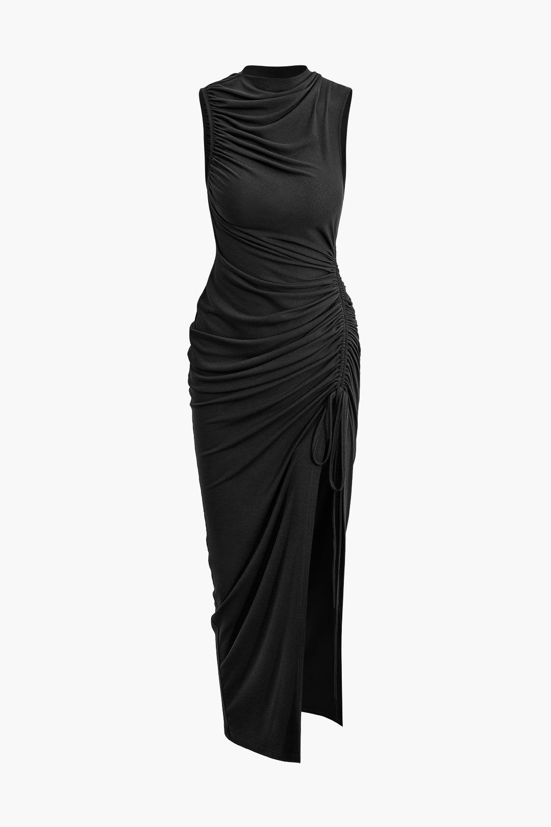 Asymmetric Ruched Drawstring Slit Sleeveless Maxi Dress in Y2K Aesthetic Style Asymmetric Ruched Drawstring Slit Sleeveless Maxi Dress in Y2K Aesthetic Style