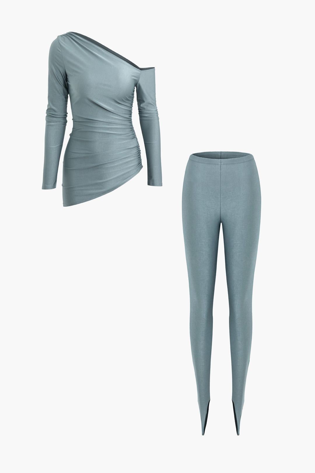 Asymmetrical Ruched Long Sleeve Top with Slim Fit Pants Set for Y2K Aesthetic Outfits Asymmetrical Ruched Long Sleeve Top with Slim Fit Pants Set for Y2K Aesthetic Outfits
