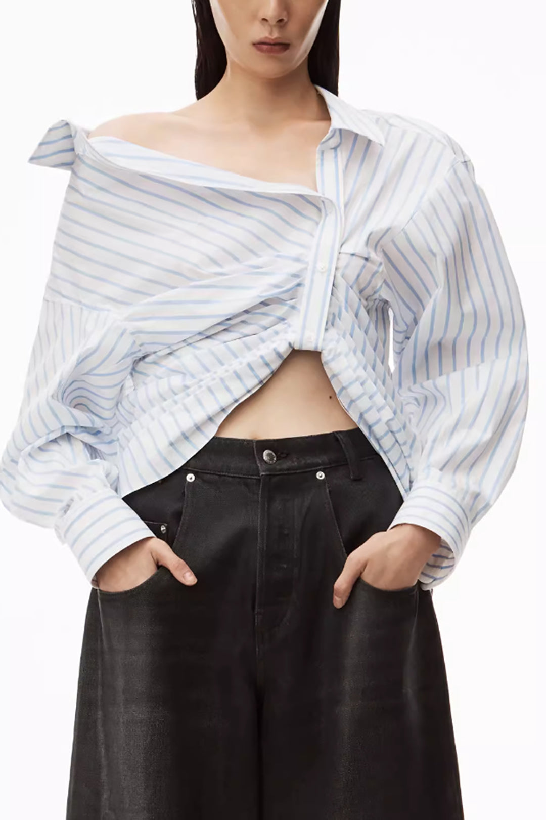 Asymmetrical Stripe Ruched Button-Up Shirt for Y2K Fashion and Coquette Aesthetic Asymmetrical Stripe Ruched Button-Up Shirt for Y2K Fashion and Coquette Aesthetic