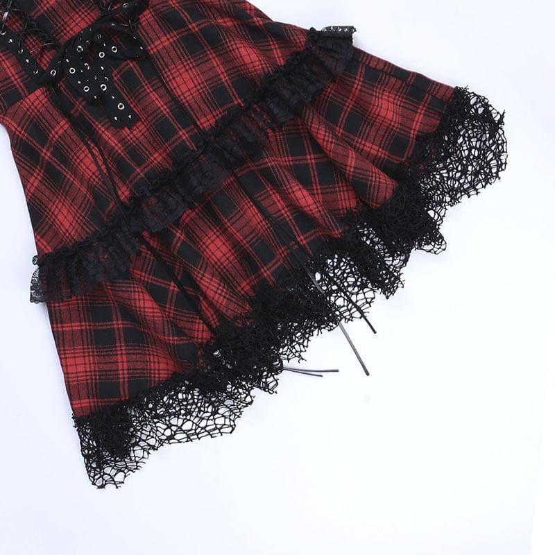 Backless Plaid Mini Dress with Zip-Up and Lace Hem - Y2K Aesthetic Fashion Statement Backless Plaid Mini Dress with Zip-Up and Lace Hem - Y2K Aesthetic Fashion Statement