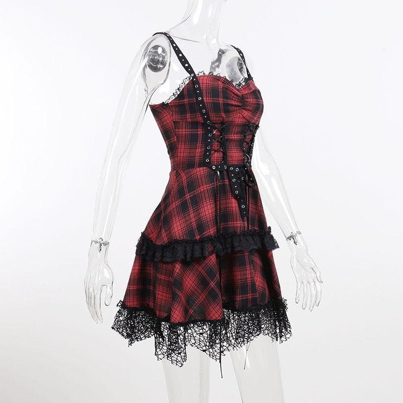 Backless Plaid Mini Dress with Zip-Up and Lace Hem - Y2K Aesthetic Fashion Statement Backless Plaid Mini Dress with Zip-Up and Lace Hem - Y2K Aesthetic Fashion Statement