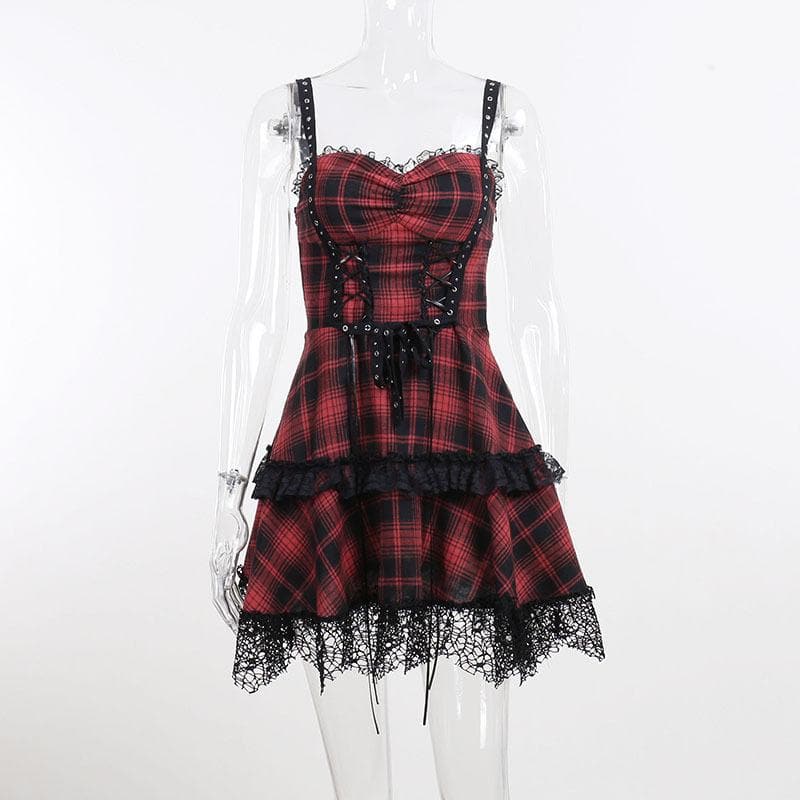 Backless Plaid Mini Dress with Zip-Up and Lace Hem - Y2K Aesthetic Fashion Statement Backless Plaid Mini Dress with Zip-Up and Lace Hem - Y2K Aesthetic Fashion Statement