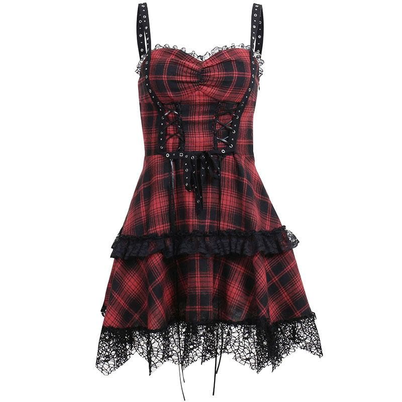 Backless Plaid Mini Dress with Zip-Up and Lace Hem - Y2K Aesthetic Fashion Statement Backless Plaid Mini Dress with Zip-Up and Lace Hem - Y2K Aesthetic Fashion Statement