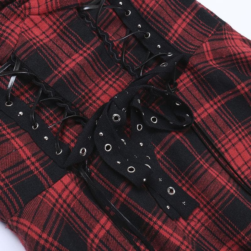 Backless Plaid Mini Dress with Zip-Up and Lace Hem - Y2K Aesthetic Fashion Statement Backless Plaid Mini Dress with Zip-Up and Lace Hem - Y2K Aesthetic Fashion Statement