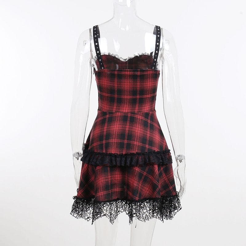 Backless Plaid Mini Dress with Zip-Up and Lace Hem - Y2K Aesthetic Fashion Statement Backless Plaid Mini Dress with Zip-Up and Lace Hem - Y2K Aesthetic Fashion Statement