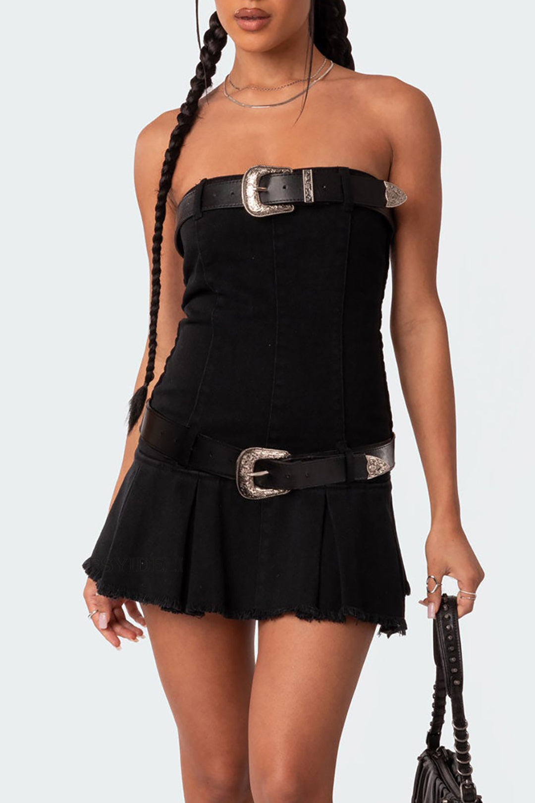 Belted Pleated Denim Strapless Mini Dress with Zipper Back for Y2K Aesthetic Style Belted Pleated Denim Strapless Mini Dress with Zipper Back for Y2K Aesthetic Style