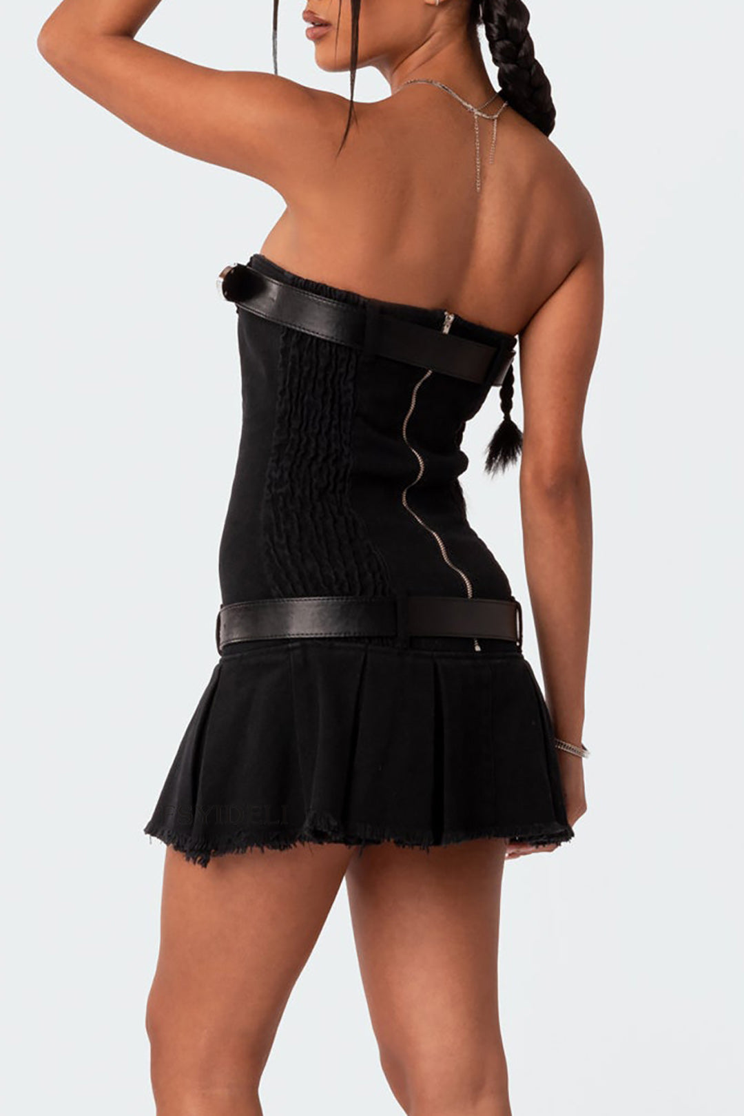 Belted Pleated Denim Strapless Mini Dress with Zipper Back for Y2K Aesthetic Style Belted Pleated Denim Strapless Mini Dress with Zipper Back for Y2K Aesthetic Style