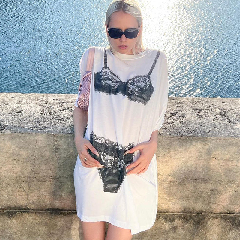 Bikini Print Round Neck Mini T-Shirt Dress - Y2K Aesthetic Cute Summer Outfit Bikini Print Round Neck Mini T-Shirt Dress - Y2K Aesthetic Cute Summer Outfit