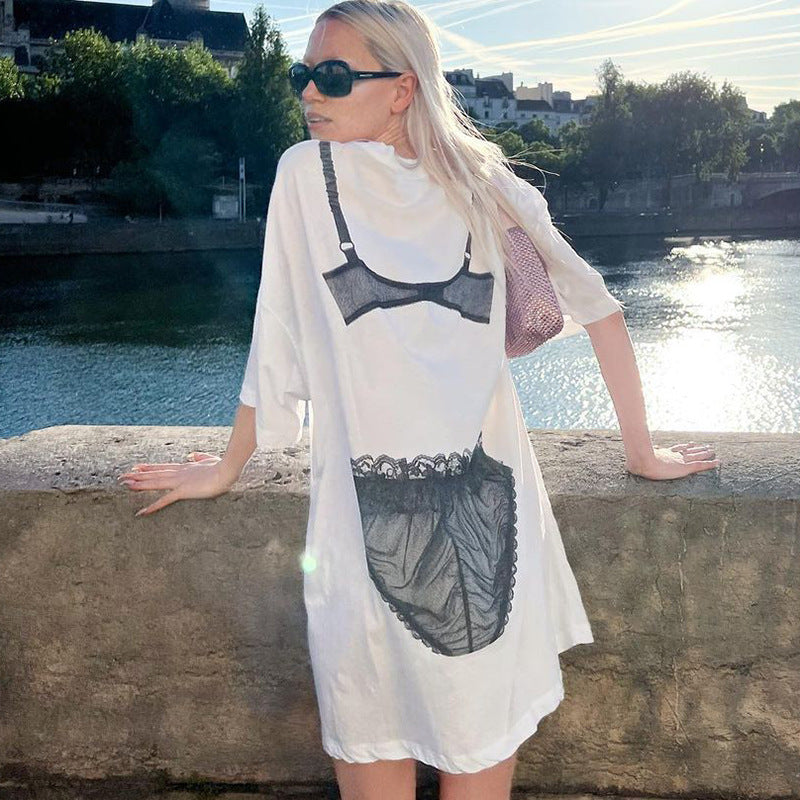 Bikini Print Round Neck Mini T-Shirt Dress - Y2K Aesthetic Cute Summer Outfit Bikini Print Round Neck Mini T-Shirt Dress - Y2K Aesthetic Cute Summer Outfit