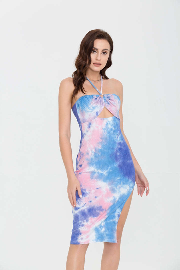 Blue Tie Dye Halter Neck Midi Dress - Y2K Aesthetic Summer Fashion for Trendy Outfits Blue Tie Dye Halter Neck Midi Dress - Y2K Aesthetic Summer Fashion for Trendy Outfits