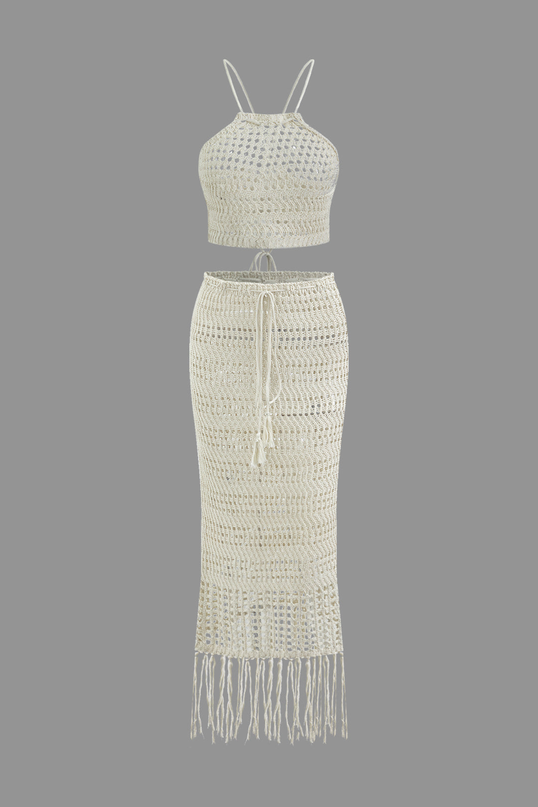 Braided Tie Cami Open Knit Tank Top with Tassel Skirt Set for Y2K Aesthetic Outfits