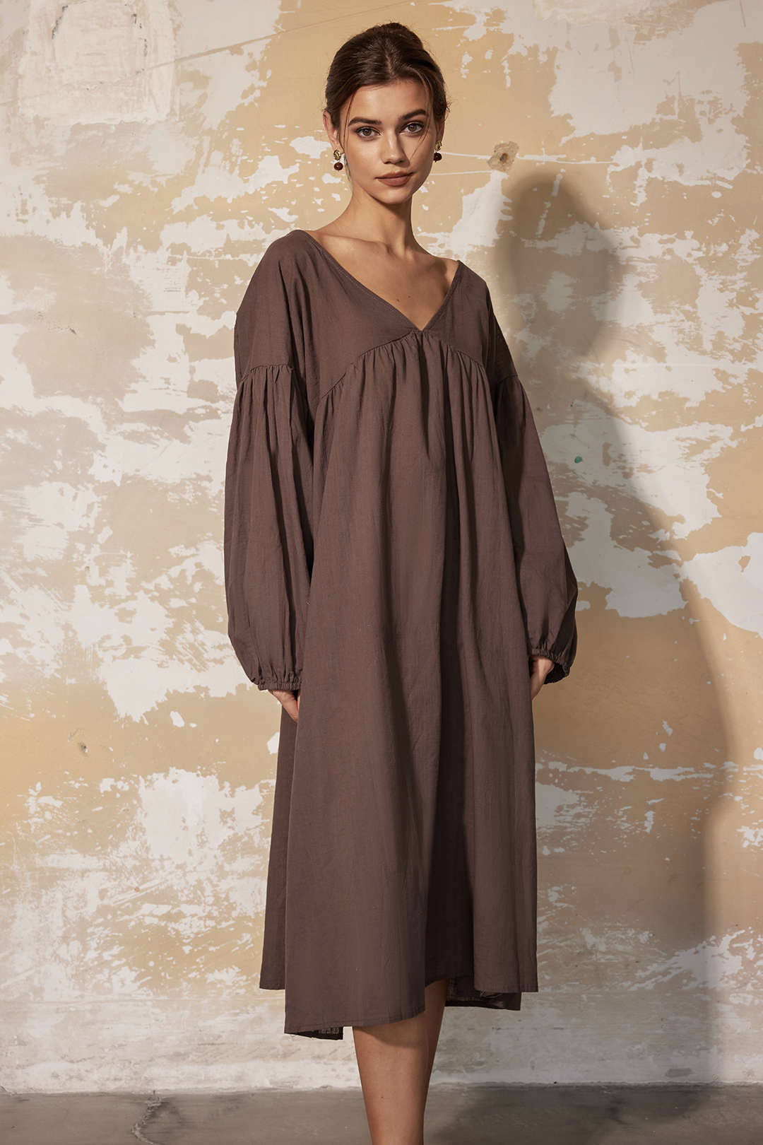 Braided Tie V-Neck Lantern Sleeve Ruched Midi Dress - Y2K Aesthetic Fashion Essential Braided Tie V-Neck Lantern Sleeve Ruched Midi Dress - Y2K Aesthetic Fashion Essential