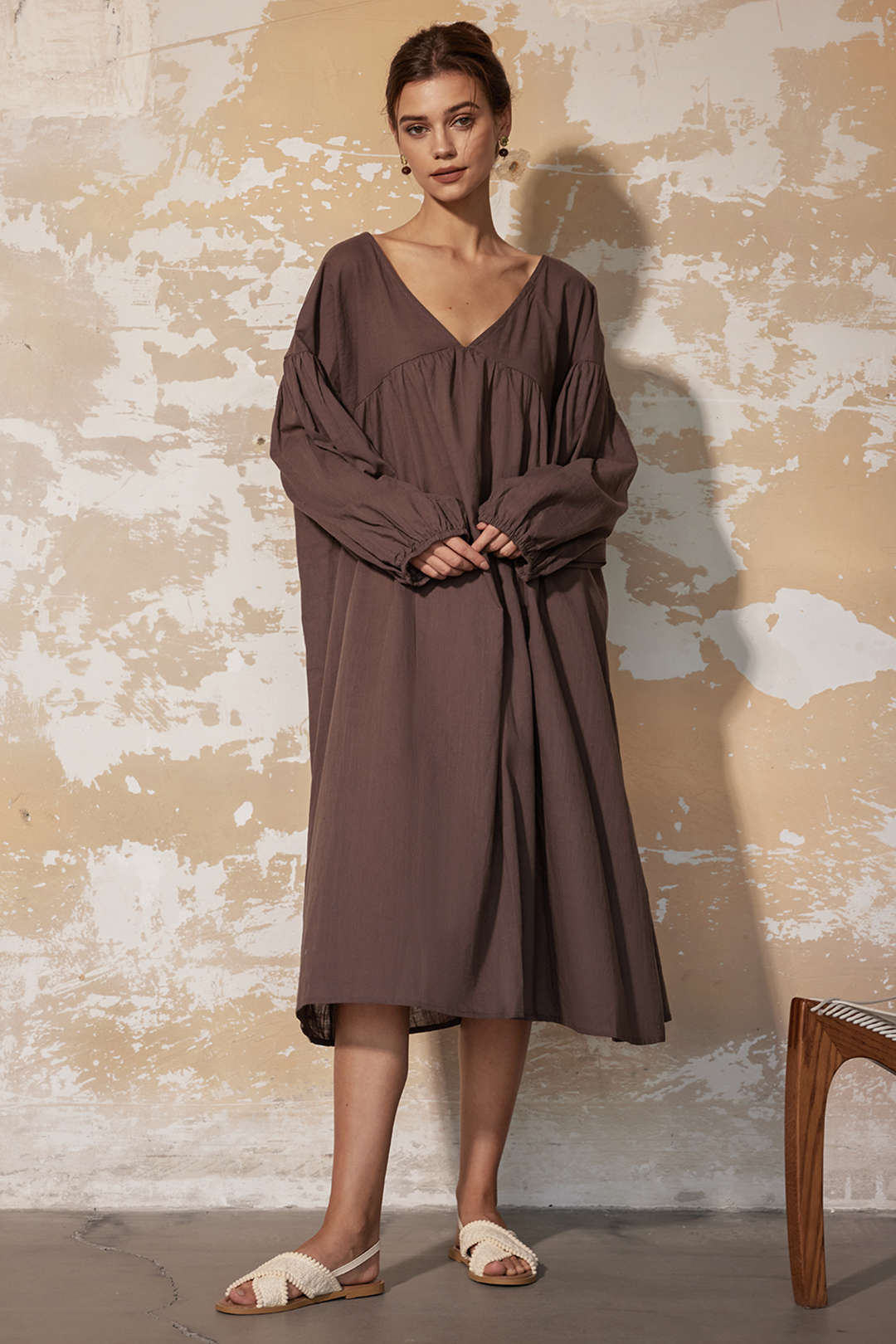 Braided Tie V-Neck Lantern Sleeve Ruched Midi Dress - Y2K Aesthetic Fashion Essential Braided Tie V-Neck Lantern Sleeve Ruched Midi Dress - Y2K Aesthetic Fashion Essential