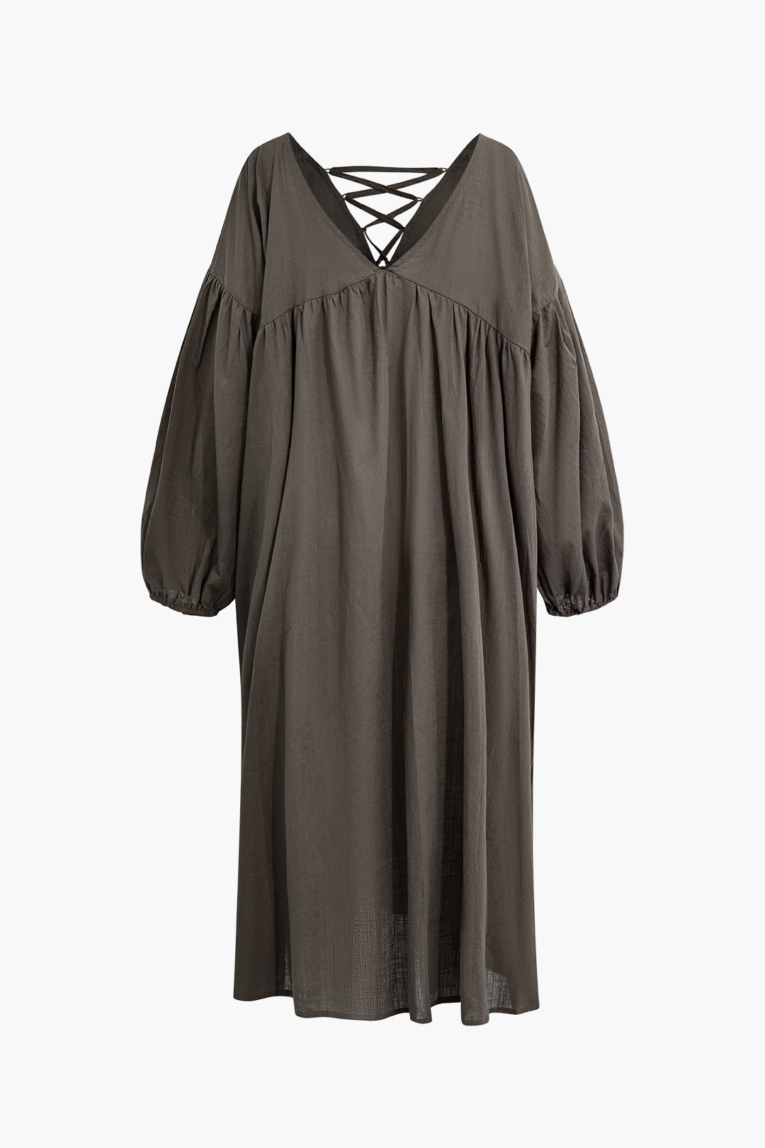 Braided Tie V-Neck Lantern Sleeve Ruched Midi Dress - Y2K Aesthetic Fashion Essential Braided Tie V-Neck Lantern Sleeve Ruched Midi Dress - Y2K Aesthetic Fashion Essential