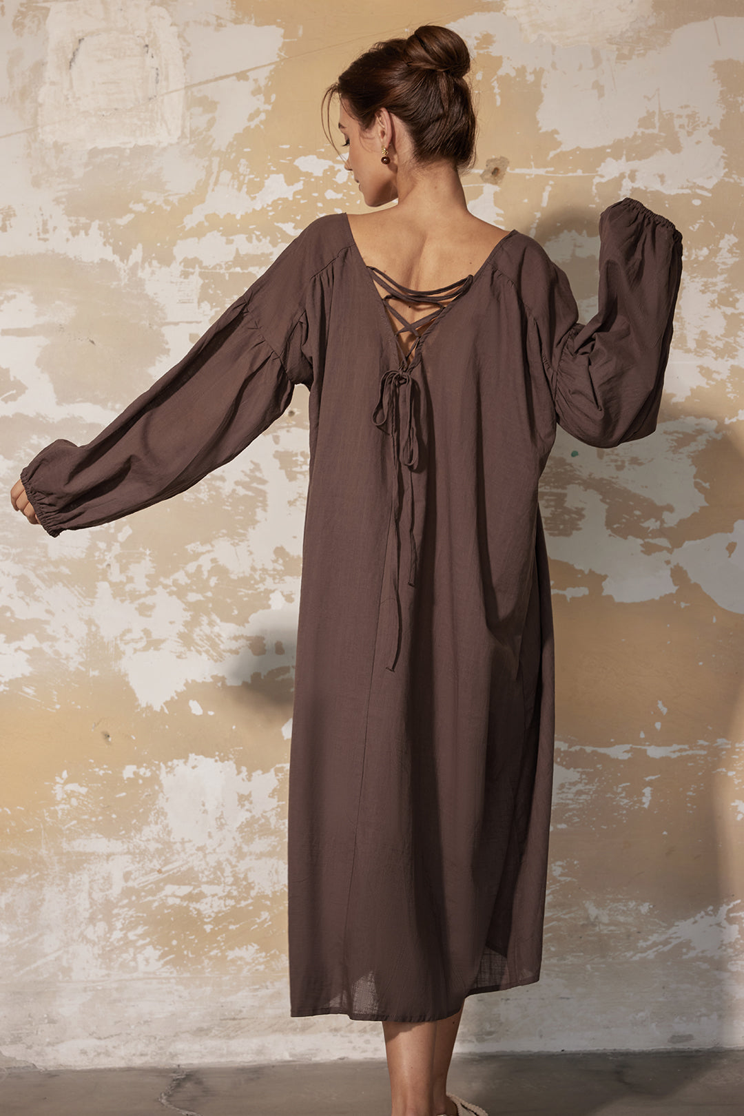 Braided Tie V-Neck Lantern Sleeve Ruched Midi Dress - Y2K Aesthetic Fashion Essential Braided Tie V-Neck Lantern Sleeve Ruched Midi Dress - Y2K Aesthetic Fashion Essential