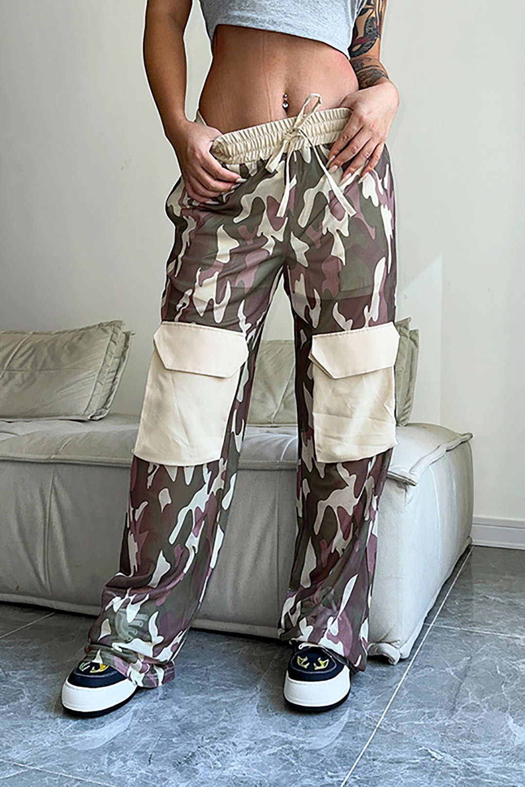 Camo Contrast High-Waisted Mesh Drawstring Cargo Pants for Y2K Aesthetic Outfits Camo Contrast High-Waisted Mesh Drawstring Cargo Pants for Y2K Aesthetic Outfits