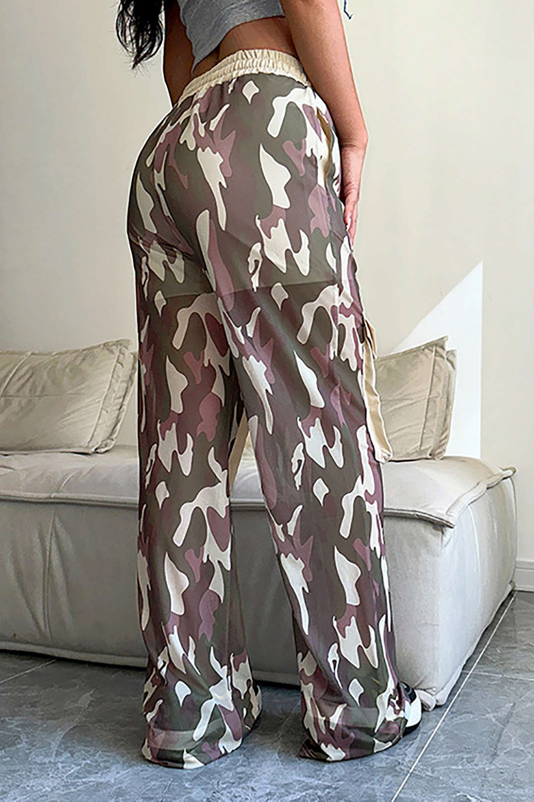 Camo Contrast High-Waisted Mesh Drawstring Cargo Pants for Y2K Aesthetic Outfits Camo Contrast High-Waisted Mesh Drawstring Cargo Pants for Y2K Aesthetic Outfits