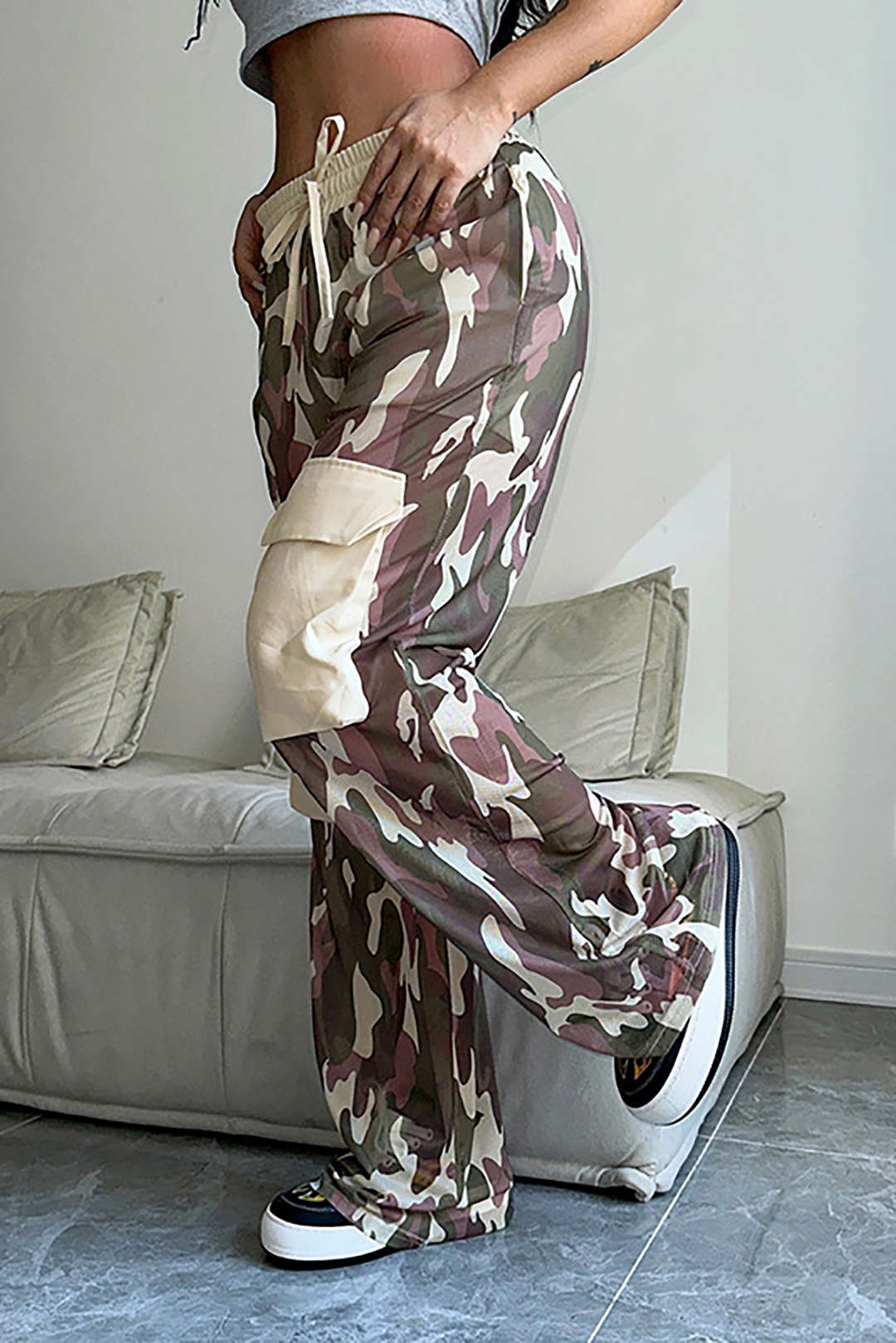 Camo Contrast High-Waisted Mesh Drawstring Cargo Pants for Y2K Aesthetic Outfits Camo Contrast High-Waisted Mesh Drawstring Cargo Pants for Y2K Aesthetic Outfits