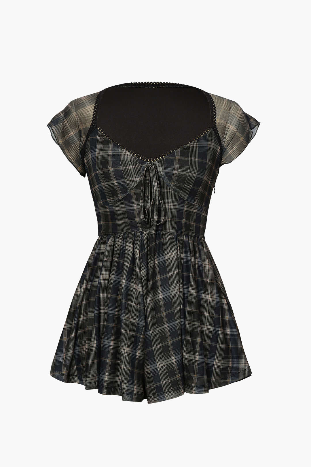 Checkered Vintage Playsuit with Square Neck and Flutter Sleeves for Y2K Aesthetic