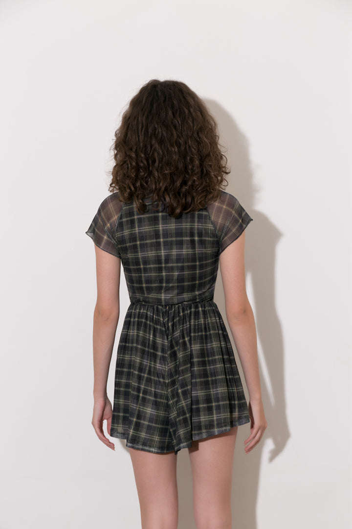 Checkered Vintage Playsuit with Square Neck and Flutter Sleeves for Y2K Aesthetic Checkered Vintage Playsuit with Square Neck and Flutter Sleeves for Y2K Aesthetic