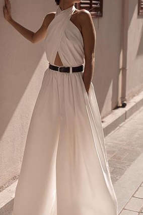 Chic Cross Cut Out Backless Pleated Wide Leg Jumpsuit for Y2K Fashion Lovers