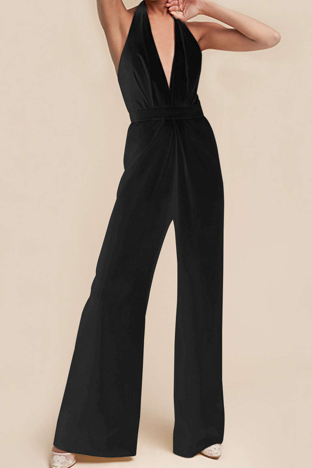 Chic Deep V-Neck Halter Backless Ruched Jumpsuit for Y2K Fashion Lovers