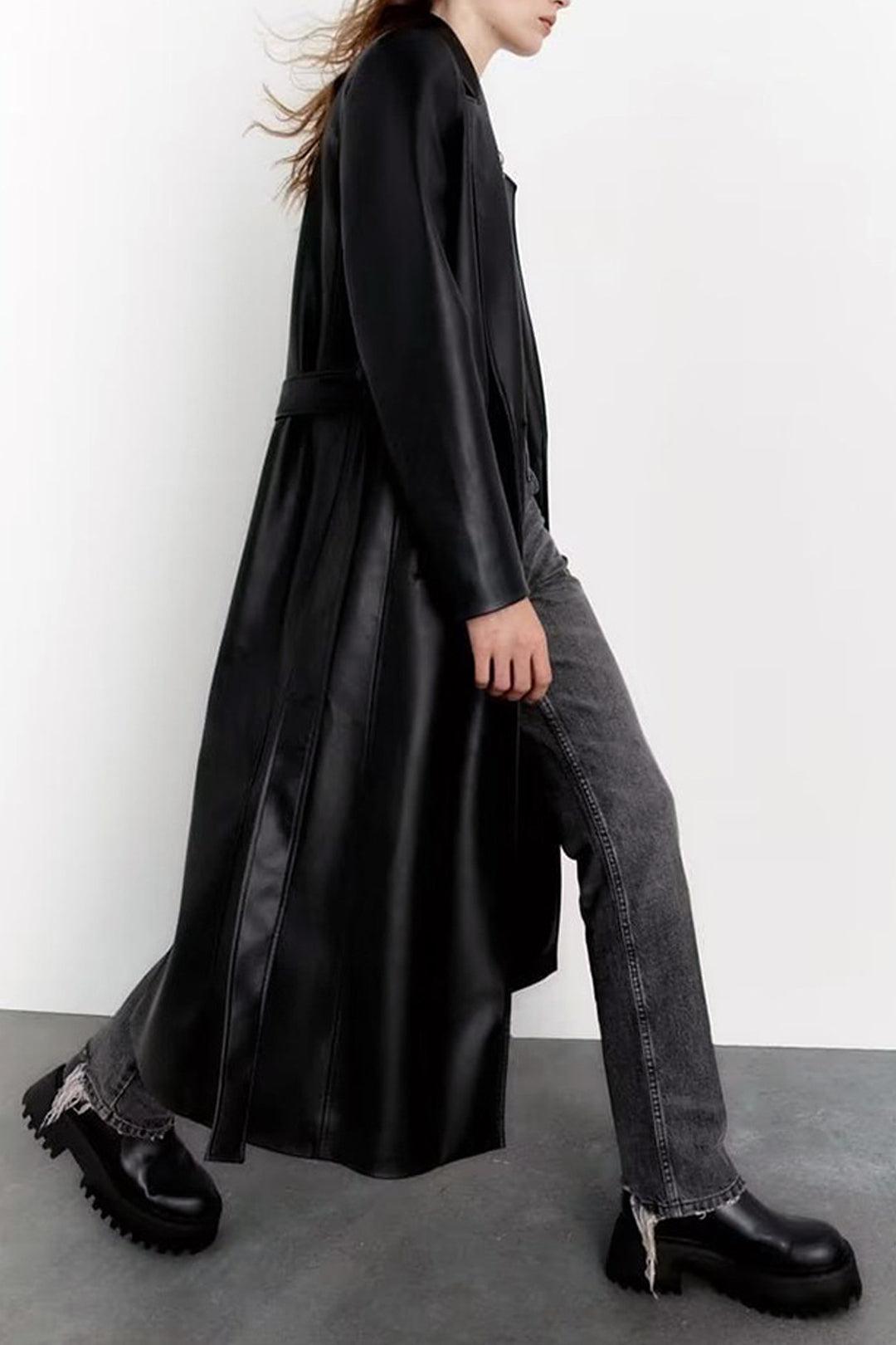 Chic Faux Leather Notched Lapel Belted Trench Coat for Y2K Aesthetic Fashion Lovers Chic Faux Leather Notched Lapel Belted Trench Coat for Y2K Aesthetic Fashion Lovers