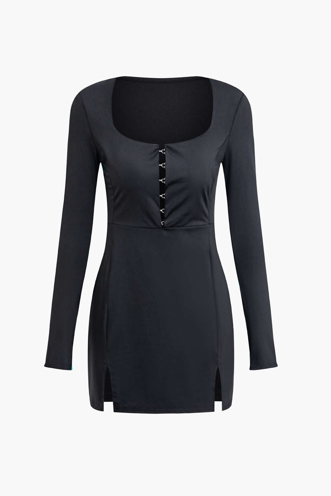 Chic Hooded Square Neck Slit Long Sleeve Mini Dress for Y2K and Coquette Aesthetic Chic Hooded Square Neck Slit Long Sleeve Mini Dress for Y2K and Coquette Aesthetic