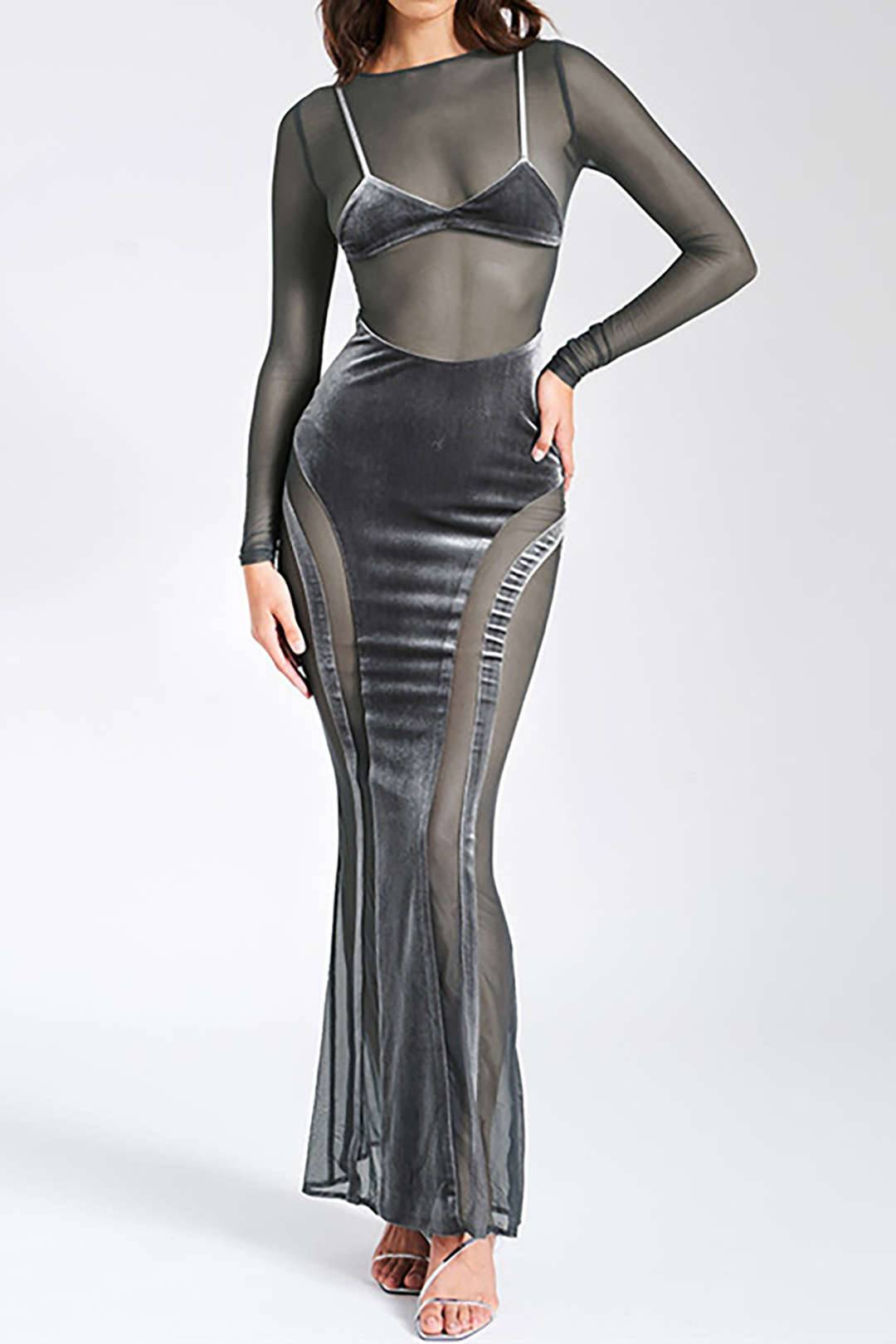 Chic Mesh Velvet Patchwork Long Sleeve Maxi Dress for Y2K Aesthetic Fashion Lovers Chic Mesh Velvet Patchwork Long Sleeve Maxi Dress for Y2K Aesthetic Fashion Lovers