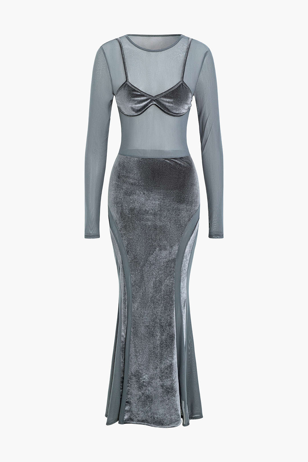 Chic Mesh Velvet Patchwork Long Sleeve Maxi Dress for Y2K Aesthetic Fashion Lovers Chic Mesh Velvet Patchwork Long Sleeve Maxi Dress for Y2K Aesthetic Fashion Lovers