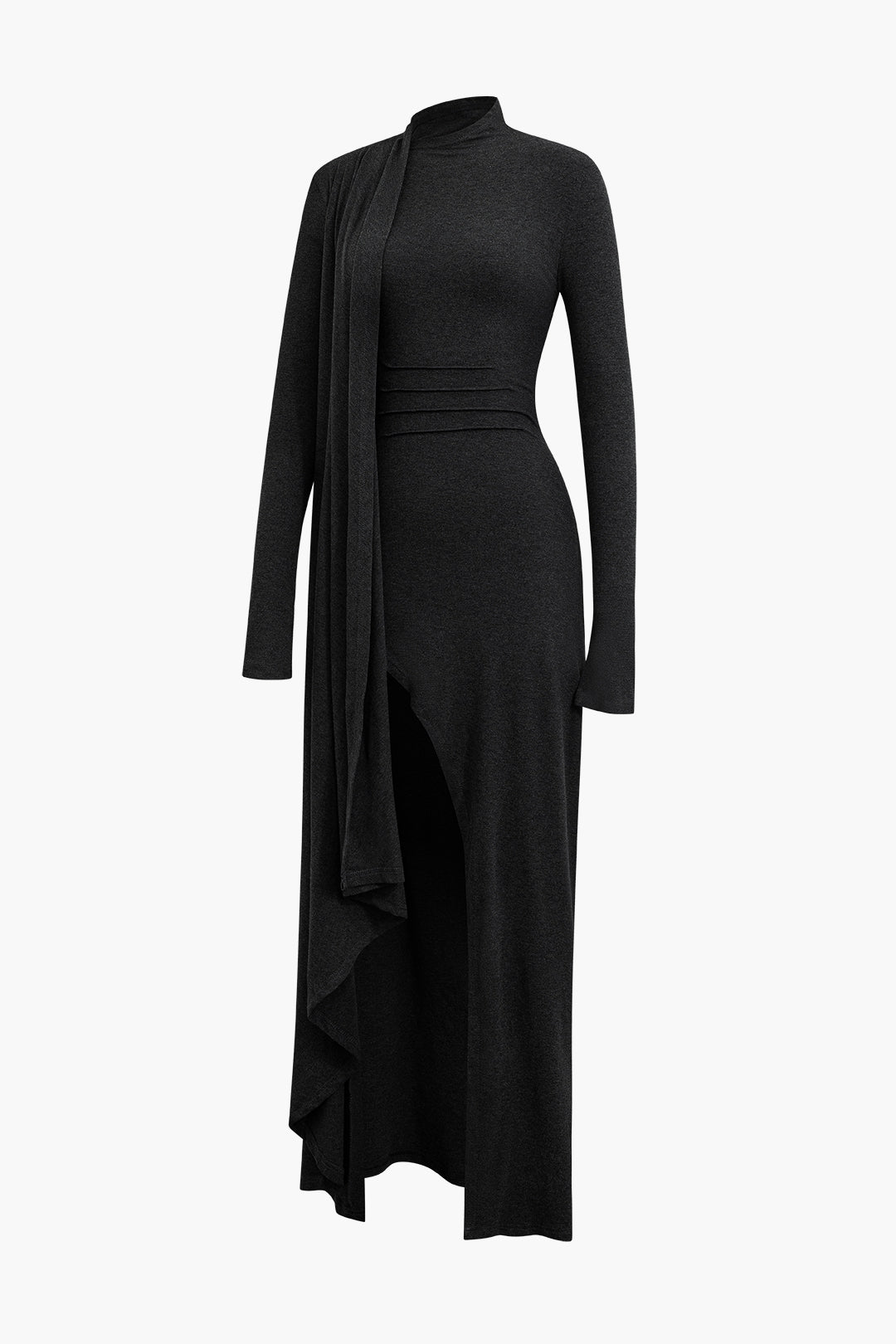 Chic Mock Neck Wrap Ruched Long Sleeve Slit Maxi Dress for Y2K and Coquette Aesthetic Chic Mock Neck Wrap Ruched Long Sleeve Slit Maxi Dress for Y2K and Coquette Aesthetic