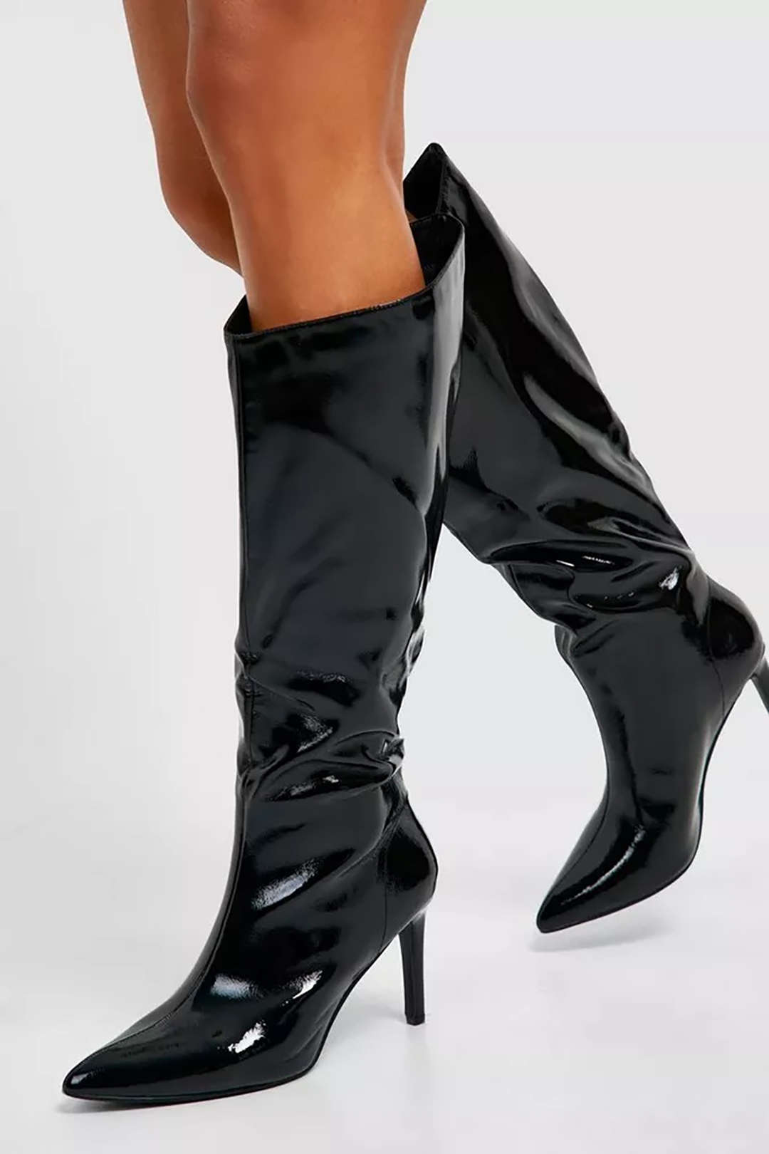 Chic Patent Leather Knee High Pointed Heeled Boots for Y2K and Grunge Aesthetic Styles Chic Patent Leather Knee High Pointed Heeled Boots for Y2K and Grunge Aesthetic Styles