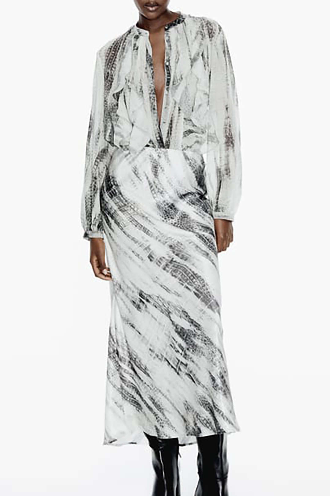 Chic Printed Button-Up Ruffle Front Long Sleeve Blouse for Y2K Aesthetic Outfits Chic Printed Button-Up Ruffle Front Long Sleeve Blouse for Y2K Aesthetic Outfits