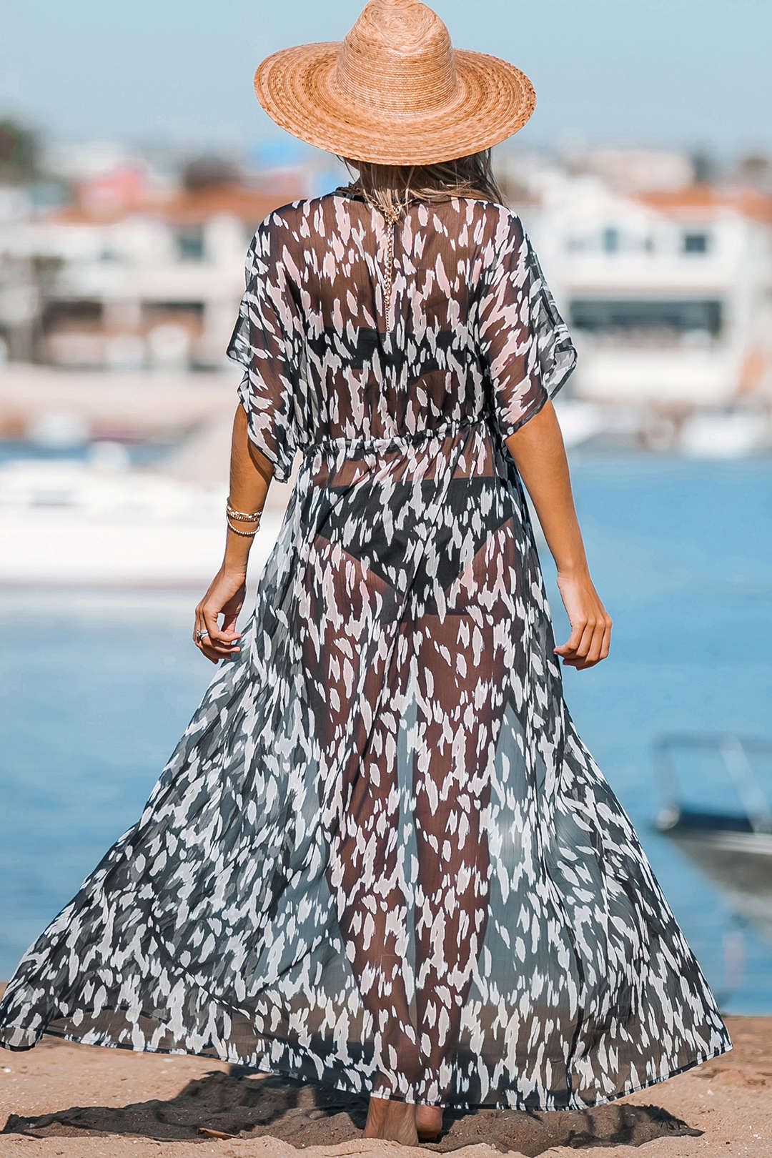 Chic Printed V-Neck Slit Cover Up for Y2K Fashion Lovers and Coquette Aesthetic Enthusiasts Chic Printed V-Neck Slit Cover Up for Y2K Fashion Lovers and Coquette Aesthetic Enthusiasts